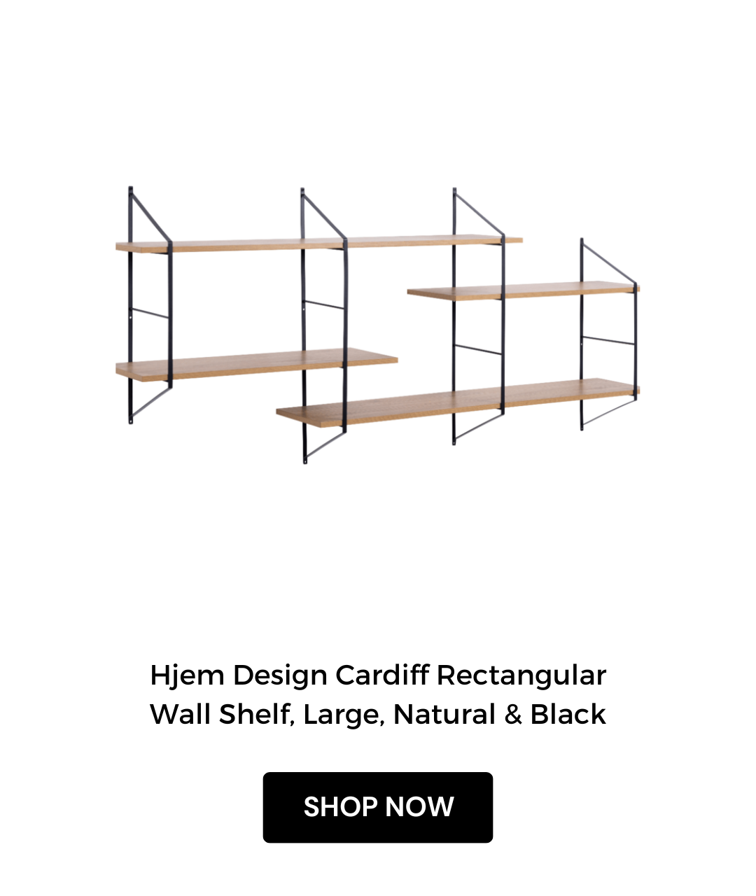 Hjem Design Cardiff Rectangular Wall Shelf, Large, Natural & Black